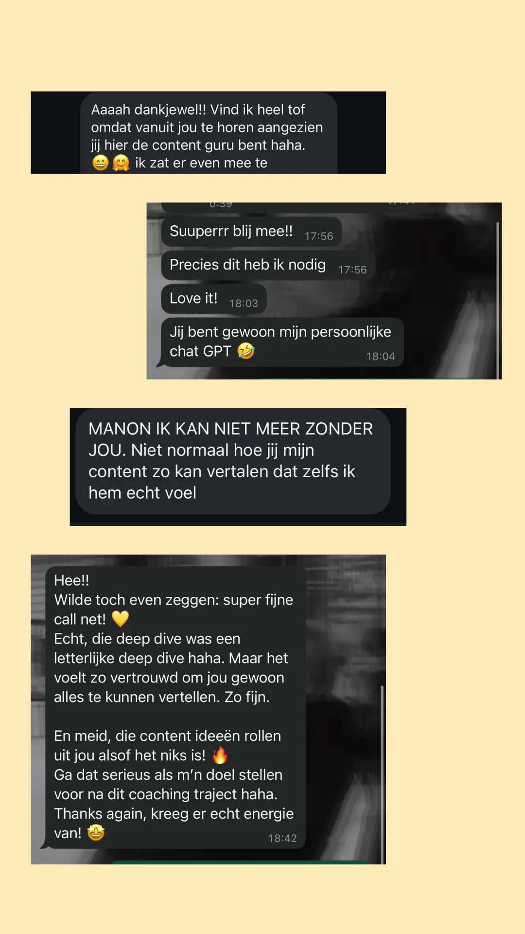WhatsApp review: super blij met Manon, precies wat ik nodig had, veel vertrouwen in samenwerking