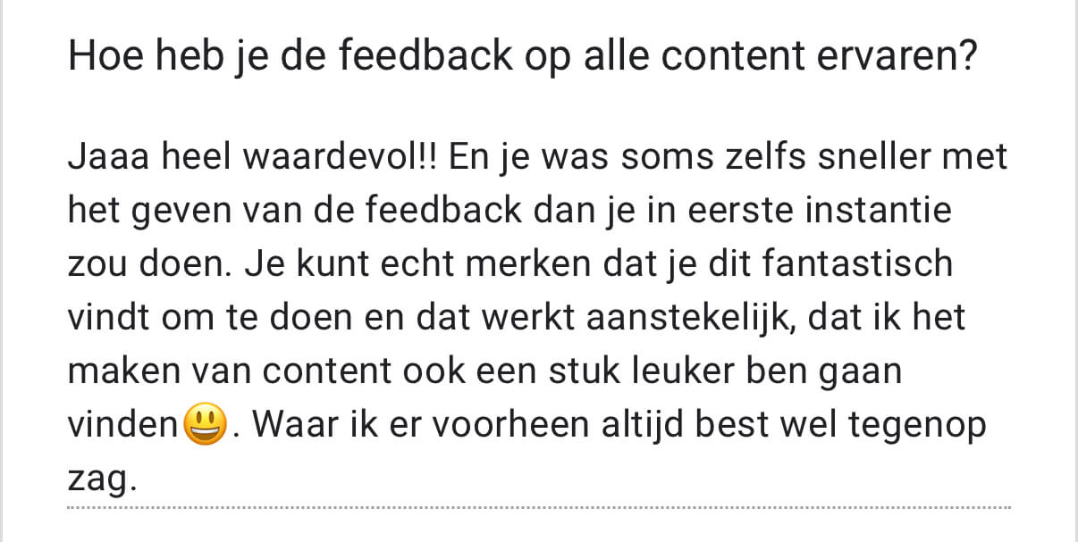 Review klant over Unstoppable Content 1:1: plezier gekregen in het maken van content