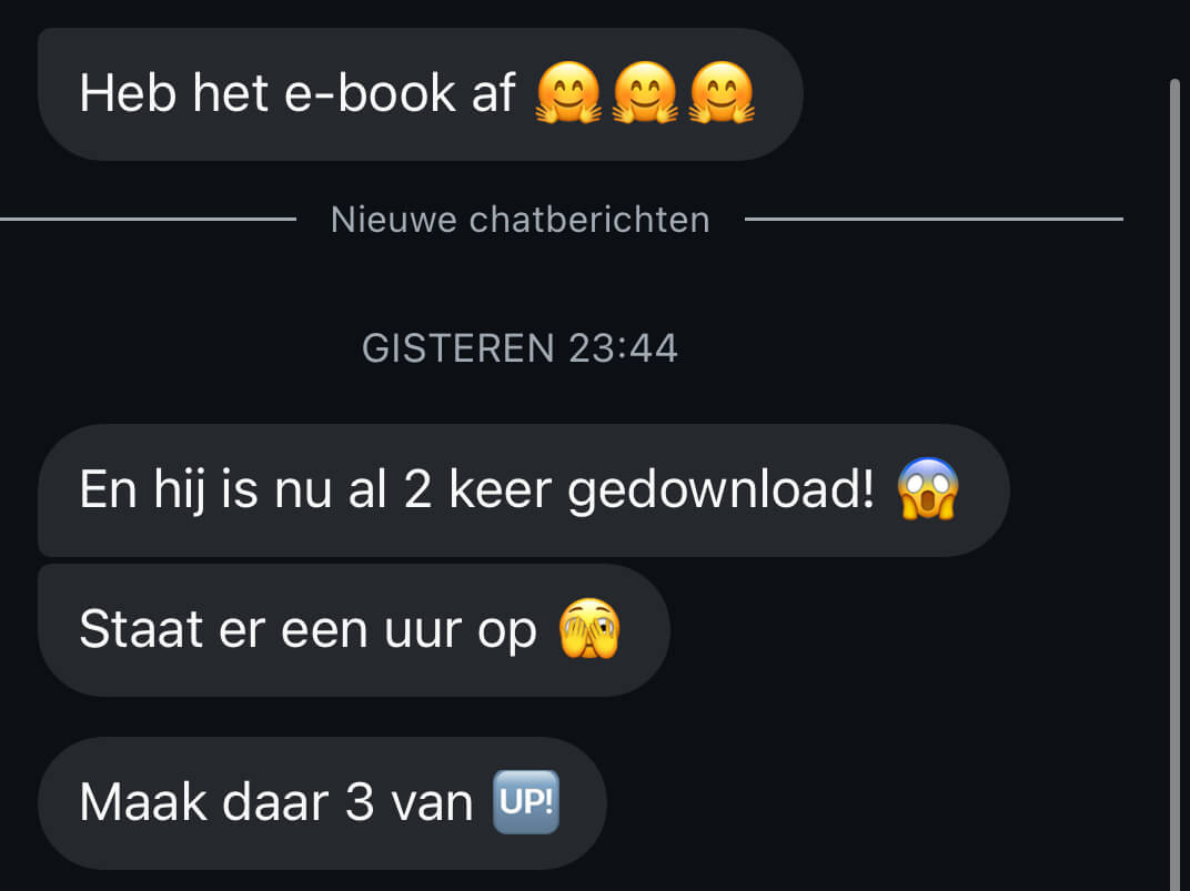 Deelnemer deelt trots dat haar e-book meerdere keren is gedownload met behulp van Sell it with Stories.