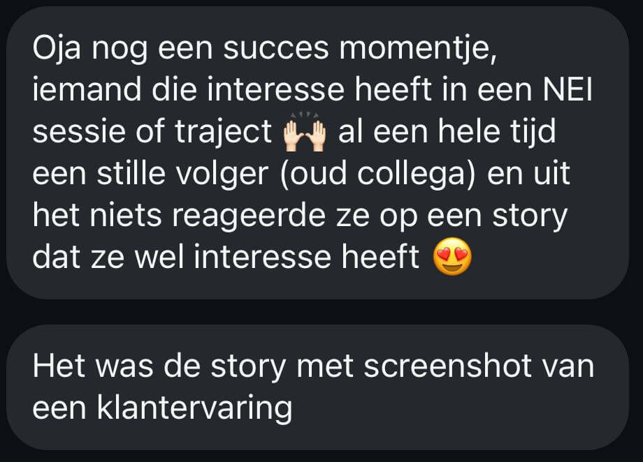 WhatsApp-gesprek waarin klant tevredenheid uitspreekt over Sell it with stories