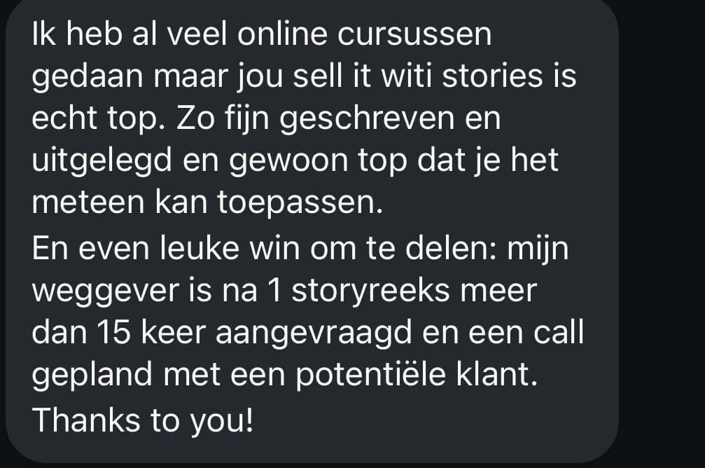 Screenshot van WhatsApp-review van klant over Sell it with stories