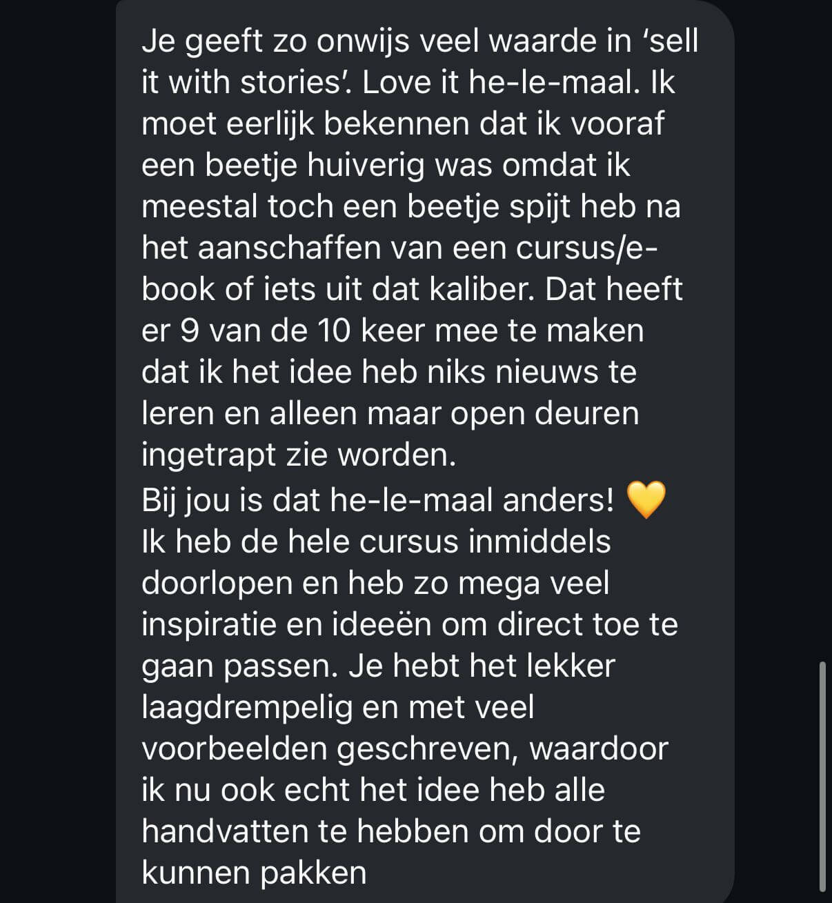 Screenshot WhatsApp-feedback: positieve review van Sell it with Stories