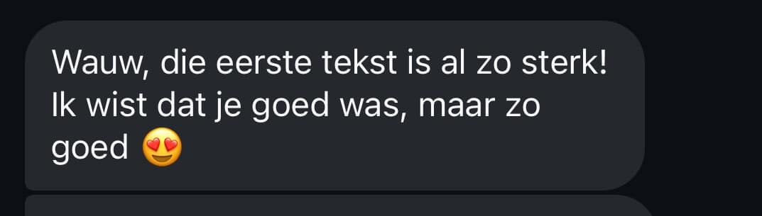 Klant deelt via WhatsApp dat de eerste teksten meteen veel impact maken in Unstoppable Content 1:1